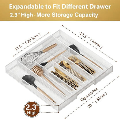 Sedegn Silverware Organizer Metal Mesh, Large Drawer Organizer, Utensil Cutlery Tray for kitchen drawers, Expandable Flatware Organizer with 8 Compartment White 11.6"~20" x 17.3"