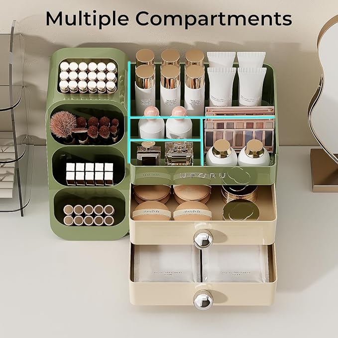 Makeup Organizer for Vanity with Brush Holder, Large Capacity Bathroom Countertop Skincare Organizer with 2 Drawers, Cosmetic Display Case for Perfumes, Eyeshadow Palettes, Nail Polishes