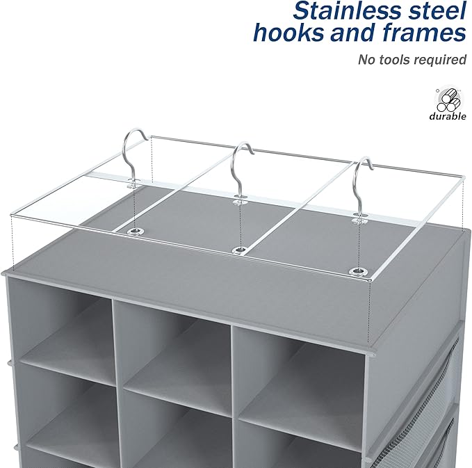 Hanging Shoe Rack for Closet,18+2 Sections Hanging Shoe Closet Organizers and Storage with 10 Side Mesh Pockets,Space-Saving Shoe Storage & Holder,Grey