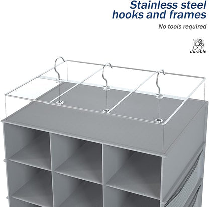 Hanging Shoe Rack for Closet,18+2 Sections Hanging Shoe Closet Organizers and Storage with 10 Side Mesh Pockets,Space-Saving Shoe Storage & Holder,Grey