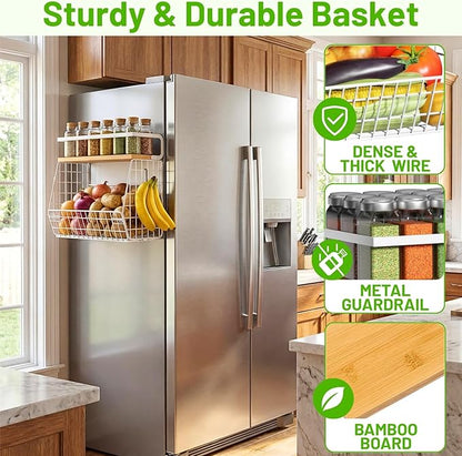 Ofiray-home Magnetic Fridge Shelf with Wood Lid, Fruit Potato Onion Storage Bins, Pantry Organizers, Large Container Spice Rack for Refrigerator, Kitchen Counter, Cabinet (1, White)