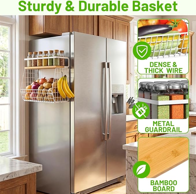 Ofiray-home Magnetic Fridge Shelf with Wood Lid, Fruit Potato Onion Storage Bins, Pantry Organizers, Large Container Spice Rack for Refrigerator, Kitchen Counter, Cabinet (2, White)