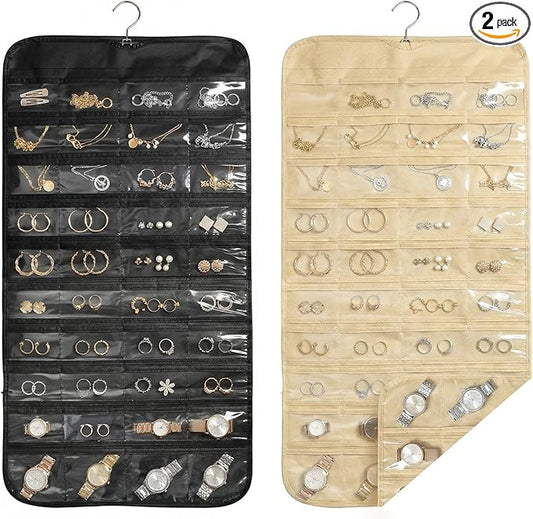 2PCS Hanging Jewelry Organizer with 160 Clear Pockets, 360° Swivel Hook for Double-Sided Jewelry Holder for Earrings, Necklaces, Rings on Closet, Wall, Door, (Black and beige)