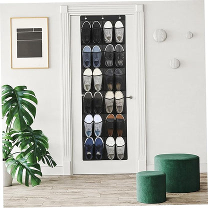 Hanging Shoe Organizer, Shoe Hanger for Door 24 Mesh Pocket Over The Door Organizer Space Saving Hanging Storage Holder with Hooks 64x19 Inch Black