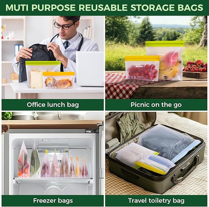 SPLF 8 Pack Stand-Up Reusable Half Gallon Freezer Bags Dishwasher Safe, Extra Thick Leakproof 1/2 Gallon Food Storage Bags, BPA Free Silicone for Meal Prep, Marinate, Veggies, Fridge Organization