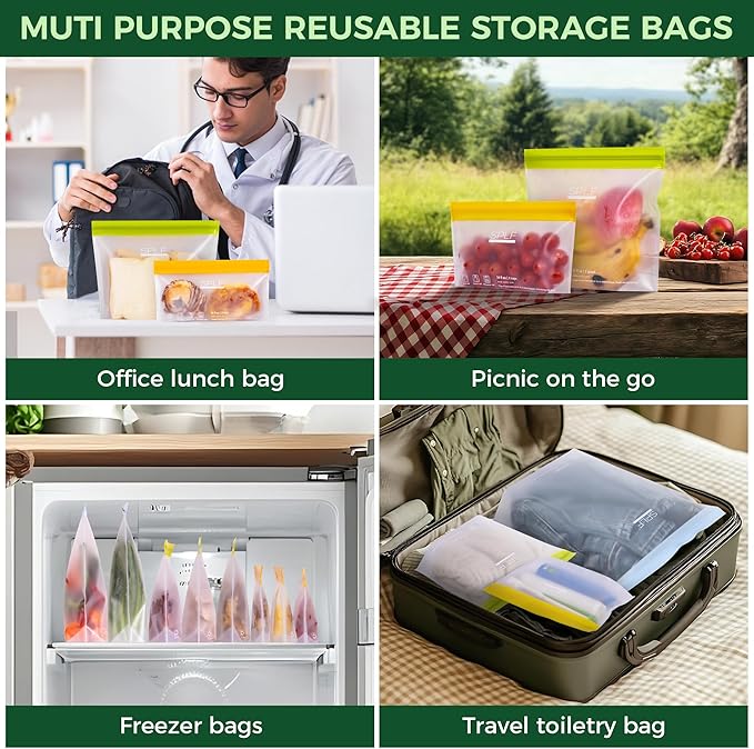 SPLF 6 Pack Stand-Up Reusable Gallon Freezer Bags Dishwasher Safe, Extra Thick 1 Gallon Leakproof Food Storage Bags, BPA and Silicone Free Freezer Bags for Meal Prep, Bread, Veggies, Home Organization