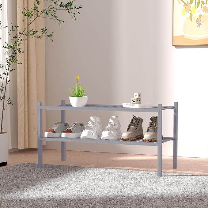 ROMGUAR CRAFT 2 Tier Bamboo Shoe Rack for Closet Free Standing Wood Shoe Shelf for Entryway Small Space Stackable 27"x11"x13" (Grey)