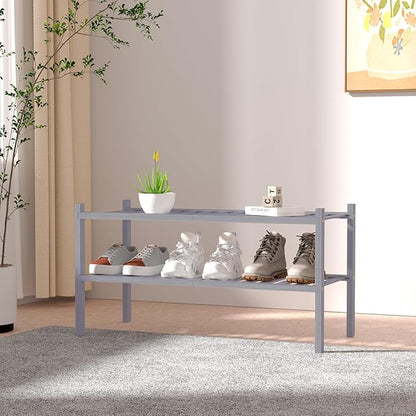 ROMGUAR CRAFT 2 Tier Bamboo Shoe Rack for Closet Free Standing Wood Shoe Shelf for Entryway Small Space Stackable 27"x11"x13" (Grey)