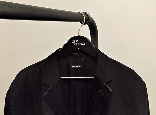 NAHANCO 17" Wooden Hangers, Bride and Groom Set, Black with Silver Imprint (2 Piece Set)
