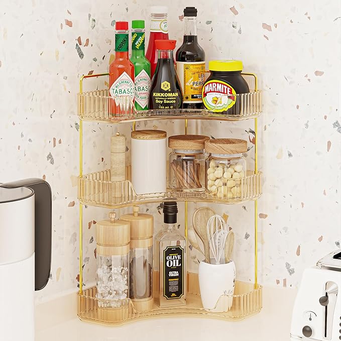 3-Tier Corner Bathroom Counter Organizer, Plastic Bathroom Organizer Countertop, Makeup Organizer for Vanity Perfume Tray Holder for Corner Storage, Amber