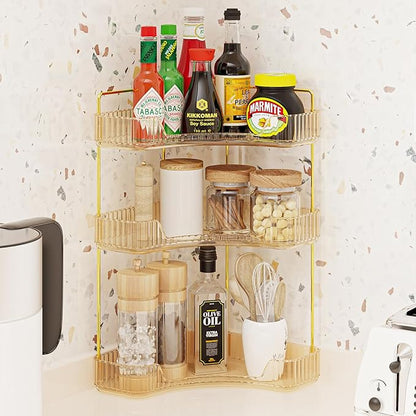 3-Tier Corner Bathroom Counter Organizer, Plastic Bathroom Organizer Countertop, Makeup Organizer for Vanity Perfume Tray Holder for Corner Storage, Amber
