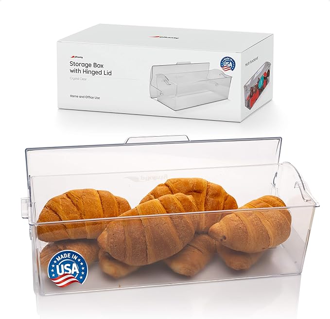 Pikanty Bread Box for Kitchen Countertop - 16 Inch Clear Plastic Storage Container with Hinged Lid, Keeps Loaves, Bagels, Buns, Rolls, Cookies and Crackers Fresh, Dishwasher Safe, Made in USA