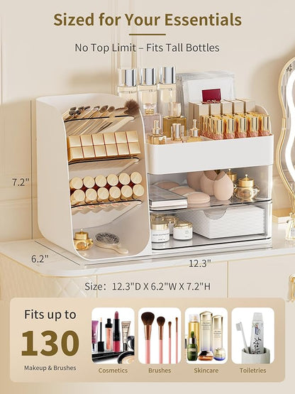 Booklov Makeup Organizer for Vanity, Countertop Cosmetic Display Case with Clear Acrylic Drawers, Bathroom Counter Beauty Caddy, Cute Table Storage Holder for Skincare, Brush Lipsticks, Crystal White