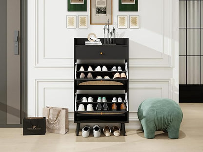 ZeHuoGe Natural Rattan Shoe Cabinet with 2 Flip Drawers, Black Shoe Rack Storage Cabinet for Heels, Slippers, Free Standing Shoe Rack for Entrance Hallway (Black)