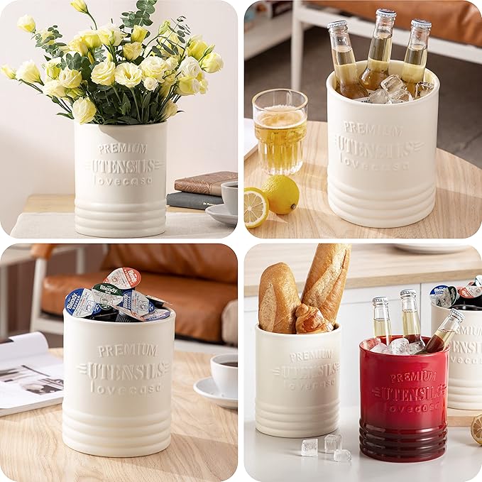 LOVECASA Vintage Utensil Holder for Kitchen Countertop, 7.2” Large Ceramic Utensil Crock for Home Décor, Farmhouse Utensil Vase for Housewarming, Wedding, Birthday Gift - Cream White