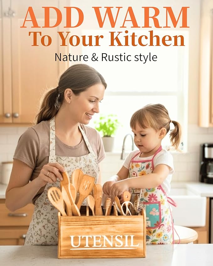 Kitchen Utensil Holder Rustic Large Wooden Utensil Organizer Cooking Tools Storage (Farmhouse Wooden)