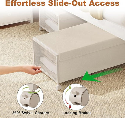2 Pack Under the Bed Storage Containers,12 inch Height Under Bed Shoe Storage,31inch Long Underbed Storage with Wheels,Large Rolling under bed Clothes Storage Drawers with Lid for Dorm Tall,Ivory