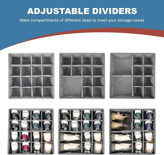 Under Bed Shoe Storage Organizer 16 Compartment, Foldable Shoe Organizer Under Bed with Clear PVC Lid, Shoe Storage Box with Zipper & Handle for Closet Bedroom, Grey, Pack of 2