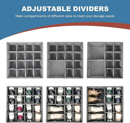 Under Bed Shoe Storage Organizer 16 Compartment, Foldable Shoe Organizer Under Bed with Clear PVC Lid, Shoe Storage Box with Zipper & Handle for Closet Bedroom, Grey, Pack of 2