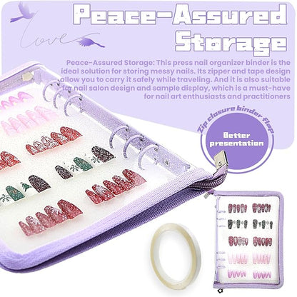 Press On Nail Storage Organizer with 4 Insert Pages - A5 Size Portable False Nail Storage Box for Collecting and Organizing Tips with Tape and Zipper Pocket (Purple)