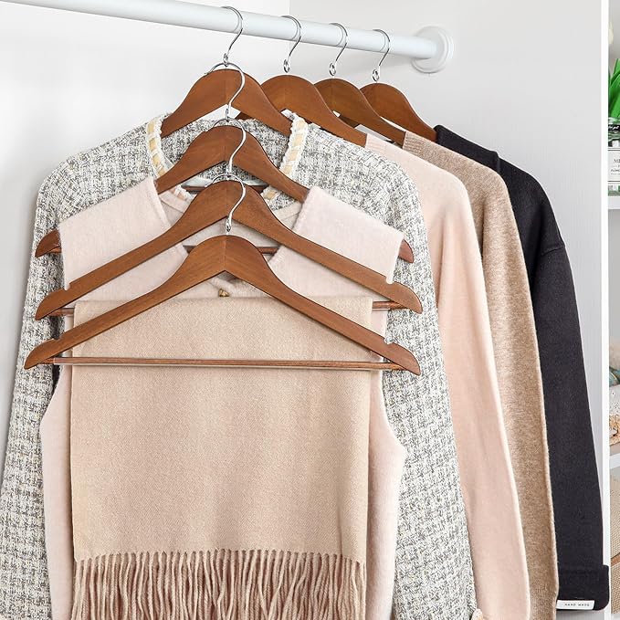 TOPIA HANGER Wooden Hangers 30 Pack, Space Saving Coat Hanger with 360° Swivel Cascading Loop Hook, Non Slip Pants Bar and Shoulder Notches for Camisole, Jacket, Suit (Walnut) -CT74WA30