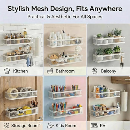 PUSDON 5-in-1 16.5" Extra Long Slim Wall Mount Wrapped Mesh Kitchen Organizer & Shower Caddy Kit, with Paper Towel Holder, Utensil Holder, Soap Dish, Holds 50LBS - White, Netting