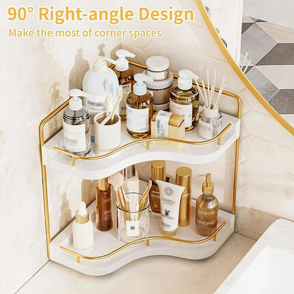 2-Tier Corner Bathroom Counter Organizer with Embedded Screw Holes, Secure & Stable Wood Vanity Shelf for Makeup and Skincare Essentials - Space Saving Bathroom Countertop Storage, White Gold