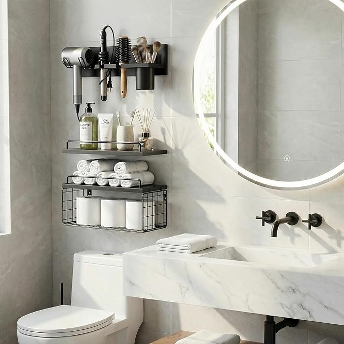 3-Tier Bathroom Floating Shelves with Curling Iron Holder & Hair Tool Organizer, Wall Mounted Rustic Wood Storage Rack Over Toilet with Hair Dryer Holder for Bathroom Decor & Organization