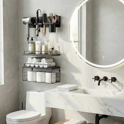 3-Tier Bathroom Floating Shelves with Curling Iron Holder & Hair Tool Organizer, Wall Mounted Rustic Wood Storage Rack Over Toilet with Hair Dryer Holder for Bathroom Decor & Organization