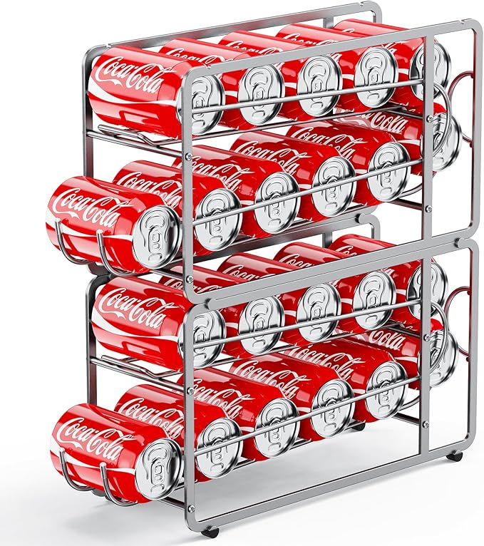 Canyave Soda Can Organizer Storage Rack, 2 Pack Stackable Beverage Soda Can Dispenser Organizer Holder for Refrigerator, Cabinet, Pantry (Silver)