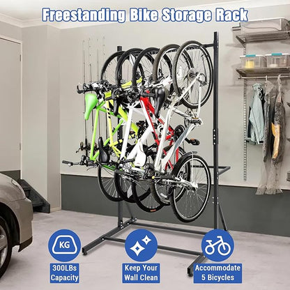 Freestanding Bike Rack for 5 Bicycles, Heavy Duty Vertical Bike Storage Stand with Adjustable Height, 300 Lbs Capacity, Steel Organizer with Non-Slip Hooks, Easy Assembly for Garage, Apartment, Indoor