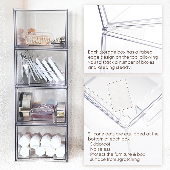 Sea Team 4-Pack Clear Makeup Organizer with Drawers, Acrylic Plastic Cosmetic Display Case, Jewelry Storage Box, Holder for Dresser, Bathroom, Vanity, Kitchen Cabinets, Pantry, Countertop