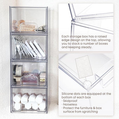 Sea Team 4-Pack Clear Makeup Organizer with Drawers, Acrylic Plastic Cosmetic Display Case, Jewelry Storage Box, Holder for Dresser, Bathroom, Vanity, Kitchen Cabinets, Pantry, Countertop