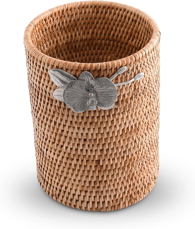 Vagabond House Wicker Rattan Utensil Holder, 8 Inches Tall, Large Kitchen Organizer with Pewter Orchid, Woven Boho Decor for Practicality and Style