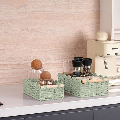 iEGrow Paper Rope Small Storage Baskets for Organizing, Set of 2 Scalloped Edge Wicker Basket with Wooden Handles Toilet Paper Basket for Over Toilet Storage Shelf, Home Decor, Living Room (Green)