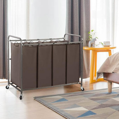 STO STO Laundry Sorter 4 Section, 4 Bag Clothes Hamper, Rolling Laundry Cart Basket with Heavy Duty Lockable Wheels and Removable Bag for Laundry Room, Bedroom, Closet, Brown