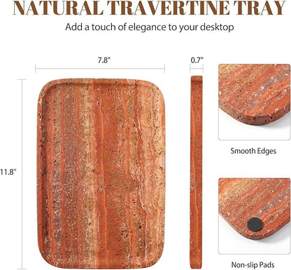 Koville Red Travertine Tray, 12"x8" Natural Stone Vanity Tray for Countertop Bathroom Kitchen Dresser, Decorative Marble Catchall Trays for Perfume Jewelry, Rectangular Serving Tray