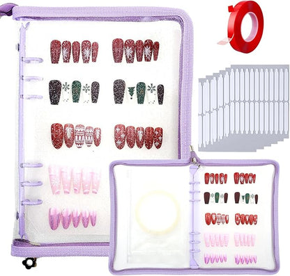 Press on nail storage Nail Storage Book - Portable Versatile Organizer for Press - On Nails, Jewelry and More with 90 Pcs Adhesive Double Sided Tape Purple