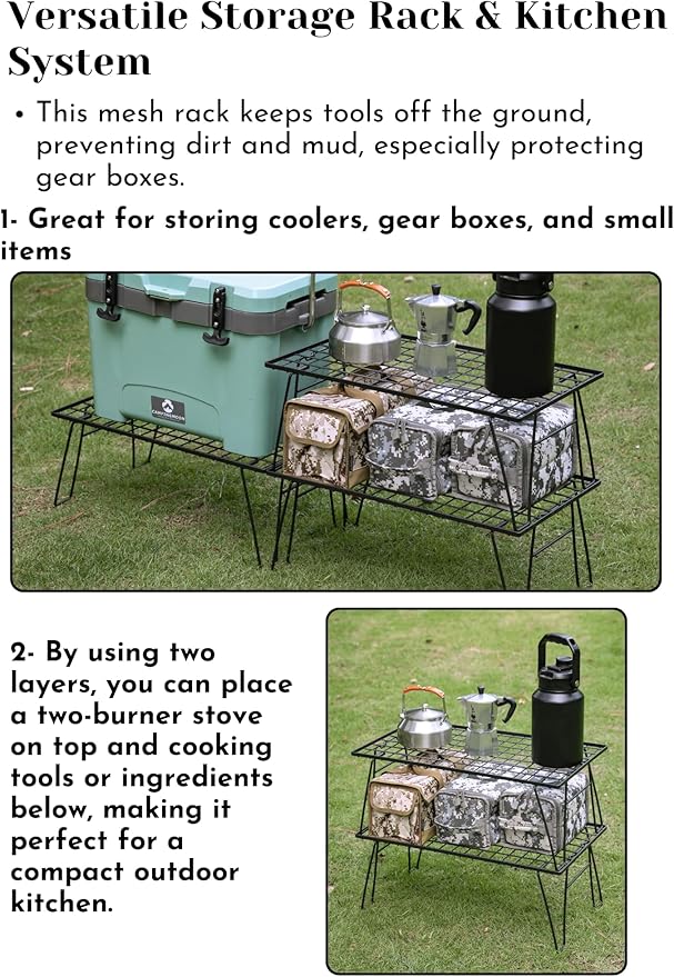 CAMPINGMOON Camping Mesh Rack 2 Pack Folding Camp Storage Shelf Lightweight Portable Black Steel Outdoor Kitchen Gear Organizer Carry Bag Included T-235-2T