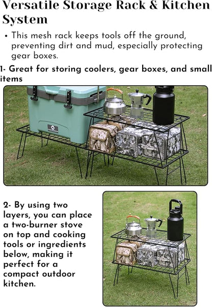 CAMPINGMOON Camping Mesh Rack 2 Pack Folding Camp Storage Shelf Lightweight Portable Black Steel Outdoor Kitchen Gear Organizer Carry Bag Included T-235-2T