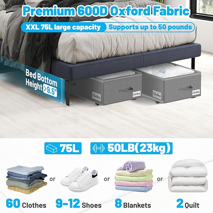 Under Bed Storage with Wheels, 2-Pack 10" Height XXL 75L Rolling Storage Bins, Quick Assembly Underbed Shoe Storage Containers with Clear Lid & Label, Dorm Under Bed Drawers for Clothes, Shoes, Grey