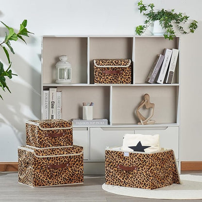 2PCS Storage Bin with Lid Leopard Print Cute Velvet Fabric Storage Basket Box Faux Leather Handles PP Plastic Board Foldable Washable Lidded Closet Shelf Organizer Container (Small Size)