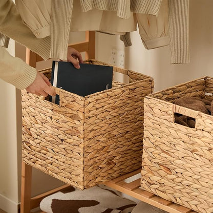 Handwoven Water Hyacinth Storage Baskets set of 4 Foldable Cube Bins Storage Oragnizer for Cabinet Shelf Bedroom Living Room (Natural, 13" L x 13" W x 13" H)