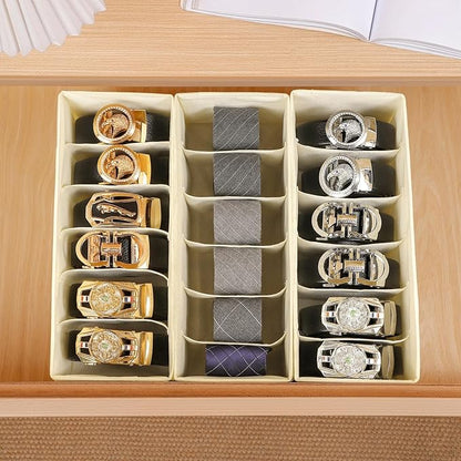 3 Packs Fabric Belt Organizer, 6 Grids Belt Organizer for Closet and Drawer, Foldable Dresser Drawer Organizers, Tie Storage -Beige
