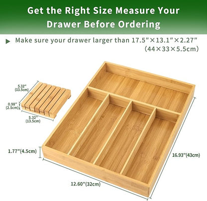 VaeFae Bamboo Silverware Organizer (Non-expandable), Utensil Holder for Drawer, Cutlery Tray with Divider for Kitchen Drawer, Utensil Organizer with Knife Block
