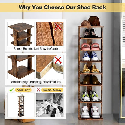 BETTARY 8 Tier Vertical Shoe Rack, Narrow Wooden Corner Shoe Organizer for Small Spaces, Removable Shelves, Anti-toppling Device, Shoe Tower for Entryway, Closet, Bedroom (Rustic Brown, Single Row)