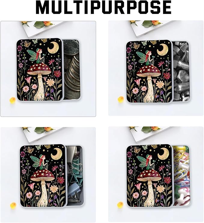 Metal Tin Box with Lid for Game Cards Home Organizer Candles Keys Crafts Storage - Equipped with 4 Magnetic Cord Clips，Mushroom Fairy and Moon