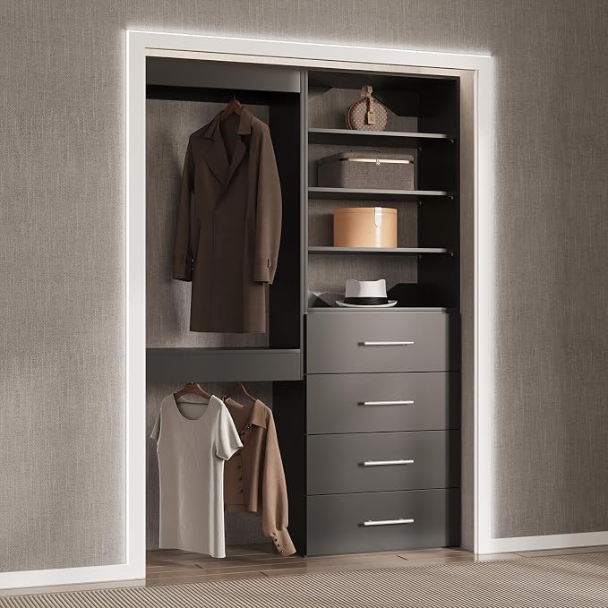 Modular Closet System, 52" Wide Closet Organizer System with Tower and Drawers, Wood Tower Closet Storage for Walk In Closets, Wall Mounted Wardrobe Organizer Kit System, Bedroom, Black