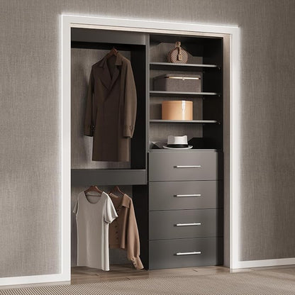 Modular Closet System, 52" Wide Closet Organizer System with Tower and Drawers, Wood Tower Closet Storage for Walk In Closets, Wall Mounted Wardrobe Organizer Kit System, Bedroom, Black