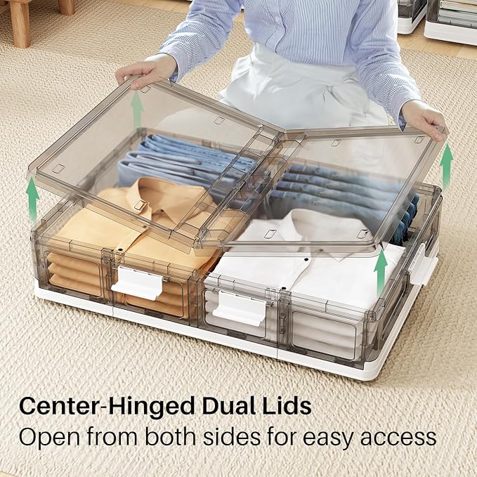 Kitstorack Clear Plastic Under Bed Storage Containers Bins with Lids and 8 Pre-installed Wheels,37.8 Qt, Rolling Foldable Flat Under Bed Organizer Boxes for Clothes Shoes Clothing Bedroom